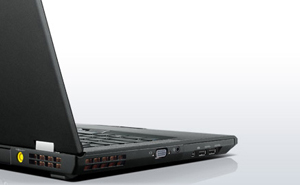  An opened ThinkPad T430, showing vents at rear and left side, and ports on the right side  